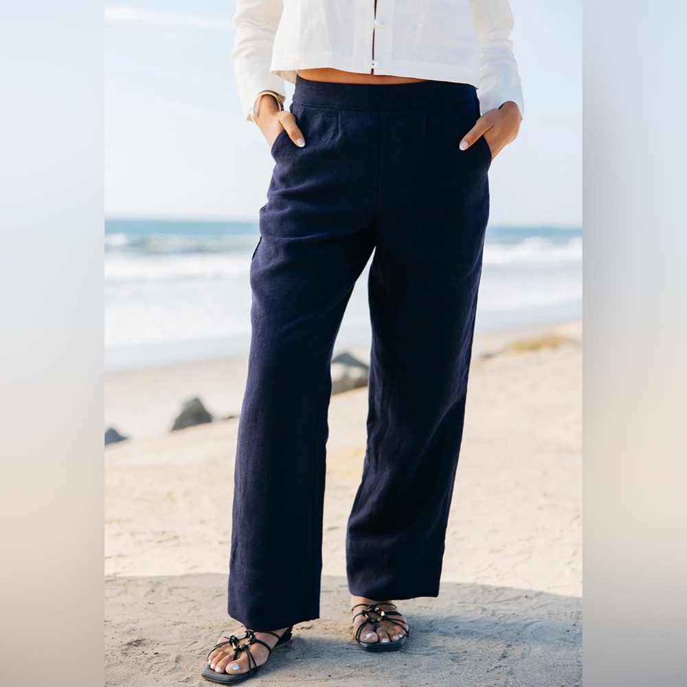 Quiet Luxury, European Linen-Feel Navy Wide Leg Vacation Pants